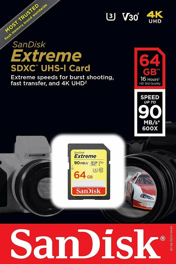 SanDisk Extreme 64GB SDXC UHS-I Card U3 90MB/s Class 10 Digital Memory